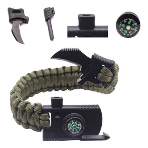 Pulseira Paracord Bússola Apito Lâmina Pederneira Cor Verde Foto 1
