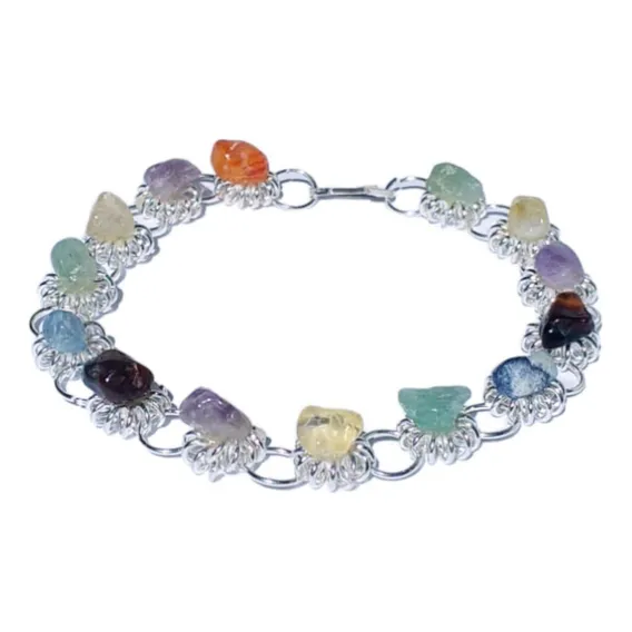Pulseira Pedras Naturais Modelo Margarida Folheada A Prata Foto 1