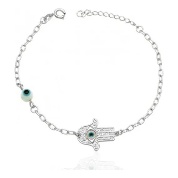 Pulseira Prata Com Mão Fatima E 1 Olho Grego Foto 1
