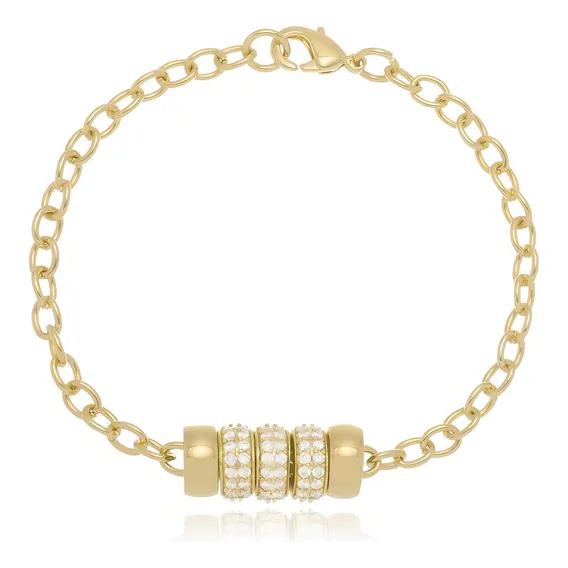 Pulseira Tr锚s Elos Em Zirc么nias - Ouro Amarelo Foto 1