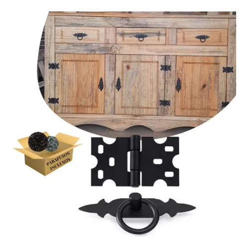 Puxador Rustico + Dobradiças Rustica Na Cor Preto Kit 10 Pcs Foto 1