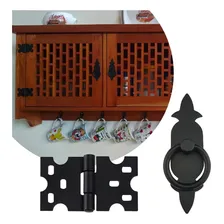 Puxador Rustico + Dobradiças Rustica Na Cor Preto Kit 8 Pcs Foto  mini 1