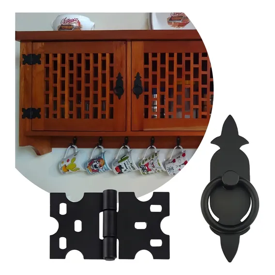 Puxador Rustico + Dobradiças Rustica Na Cor Preto Kit 8 Pcs Foto 1
