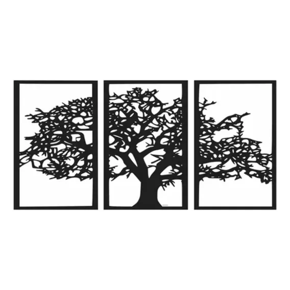 Quadro Árvore Da Vida 3 Peças Madeira Preta Mdf 6mm - Preta Foto 1