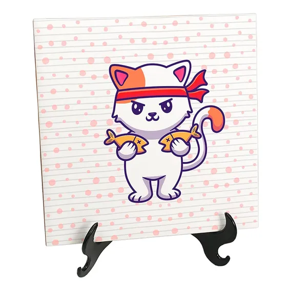 Quadro Azulejo Gatinho Mestre Sushi Sushiman Peixinho Foto 1