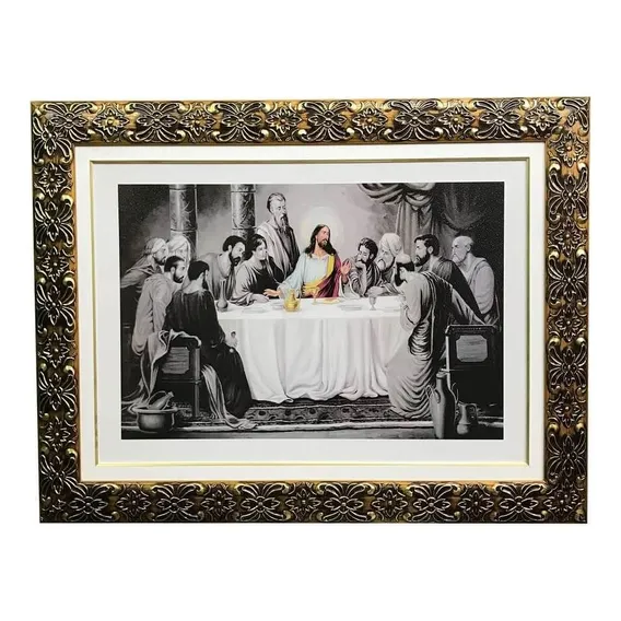 Quadro Da Santa Ceia Preto E Branco Colorido Grande Moldura Cor da armação Palha Foto 1