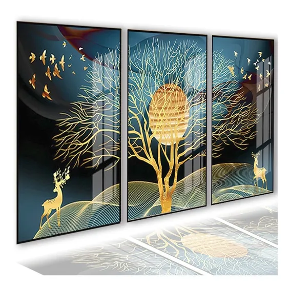 Quadro Decorativo Cervo Pintura Gold Abstrato Sala Hall Luxo Foto 1