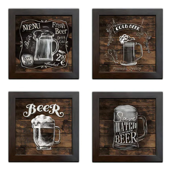 Quadro Decorativo Com Moldura Cerveja ArtÃstico - Kit De 4 Cor Madeira Foto 1