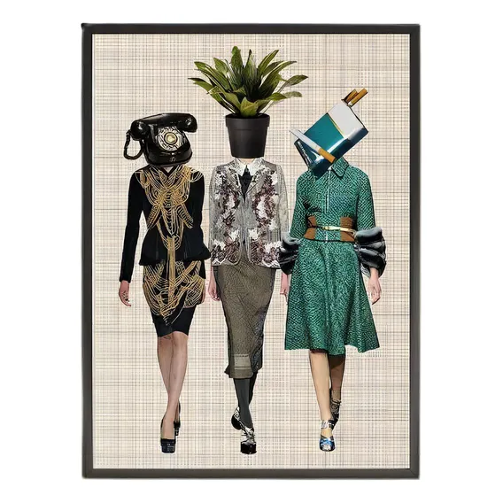 Quadro Decorativo Estilo Colagem Mulheres Retr么 34x23cm Foto 1
