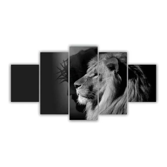 Quadro Decorativo Mosaico Leão De Judá Preto E Branco 5 Pçs Foto 1