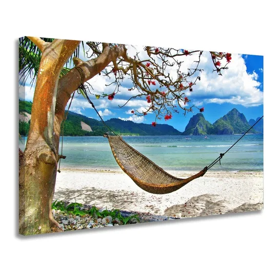 Quadro Decorativopaisagem Praia Mar Rede Para Sala Moderna Cor Borda Infinita Cor da armação Borda Infinita Foto 1