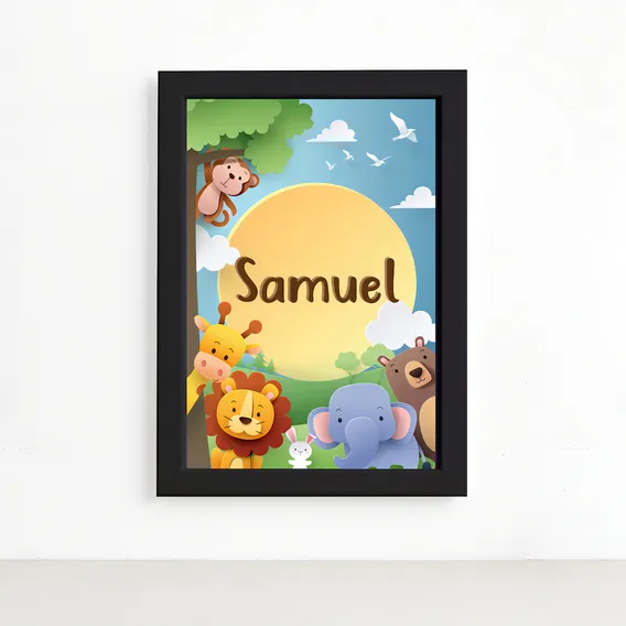 Quadro Infantil Safari Feliz Nome Personalizado Preto 33x43 Foto 1