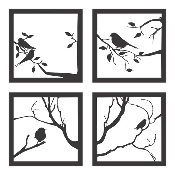 Quadro Kit Pássaros Mdf Decorativo 3mm Preto Fosco 15x15 Foto 1