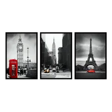 Quadro Londres New York Paris M 3 Peças Moldura Preta Foto mini 1
