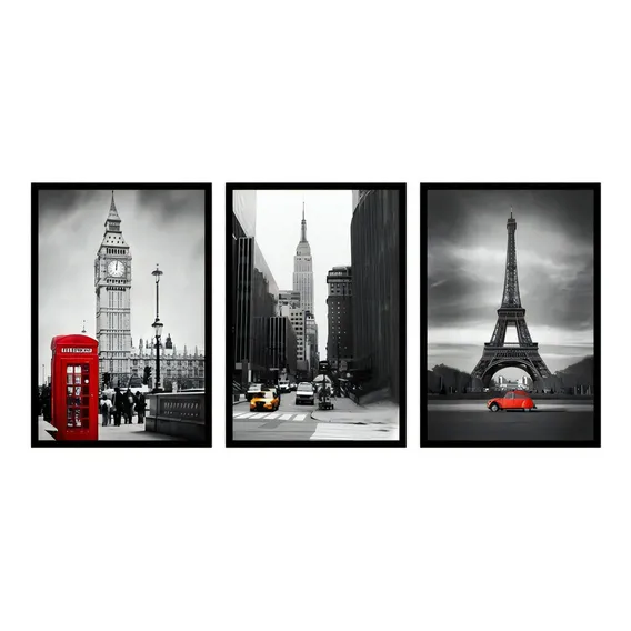 Quadro Londres New York Paris M 3 Peças Moldura Preta Foto 1