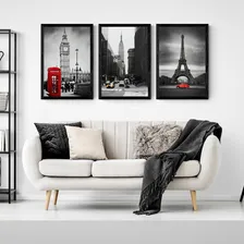 Quadro Londres New York Paris M 3 Peças Moldura Preta Foto mini 2