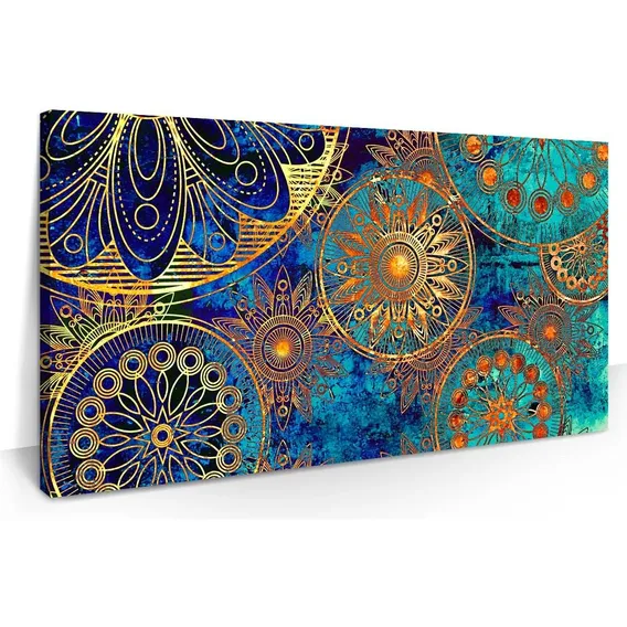Quadro Mandala Azul Turquesa 150x75 Decorativo Para Sala Cor Neutro Armação Natural Foto 1