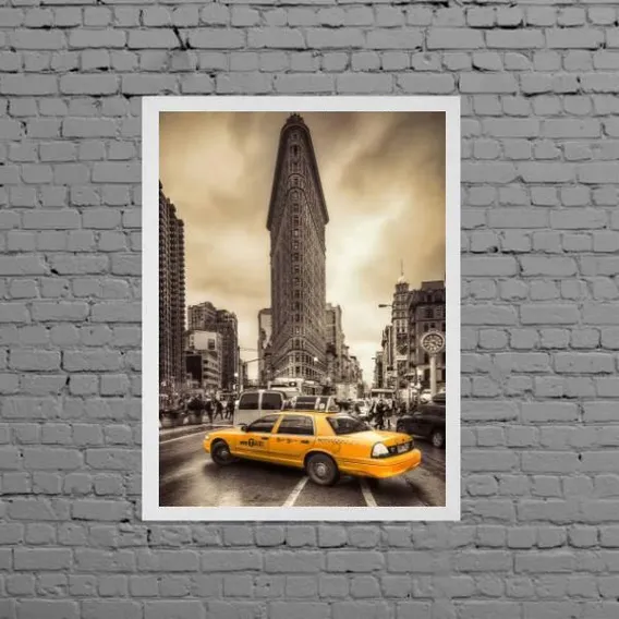 Quadro Nova York Taxi Amarelo 33x24cm Moldura Branca Foto 1