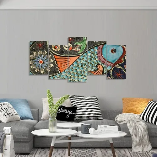 Quadro Peixe Abstrato Mosaico 5 Peças Fish Decorativo Foto 1