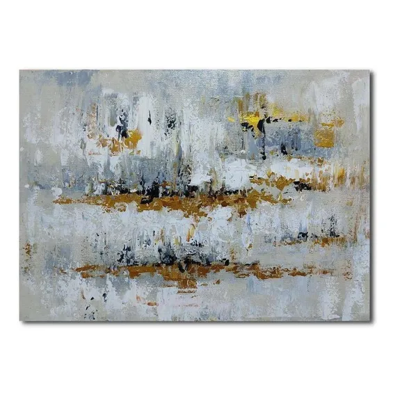 Quadro Pintado A Mão Abstrato Cinzacom Dourado Moderno Foto 1