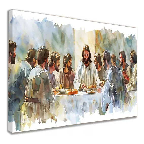 Quadro Santa Ceia Jesus Aquarela Sala Igreja Moderno 90x120cm Foto 1