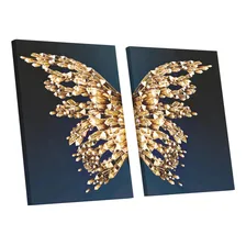 Quadro Tecido Borboleta Cristais Dourado Minimalista 60x90cm Foto mini 1