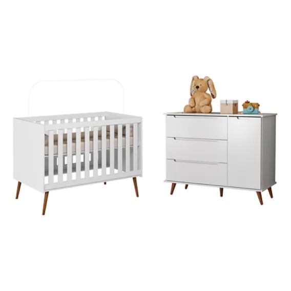 Quarto Bebe Retrô 100% Mdf- Lunna Berço + Gaveteiro - Branco Foto 1