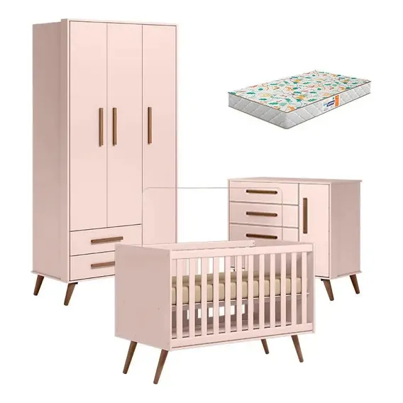 Quarto Completo Infantil Q Encanto Rosa Bebê Berço Retrô Cor Rosa Acetinado Foto 1