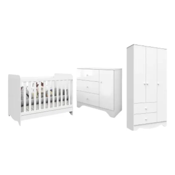 Quarto De Bebê Completo Roupeiro Cômoda Berço 3em1 Branco Cor Branco Brilho Foto 1