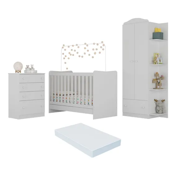 Quarto Infantil Completo João e Maria com berço 4 em 1 + colchão Multimóveis + Roupeiro e cômoda Bco Foto 1