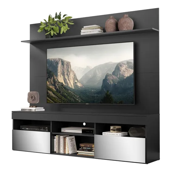 Rack Com Espelho E Painel Com Suporte Tv 65 Madri V3368 Cor Preto Foto 1