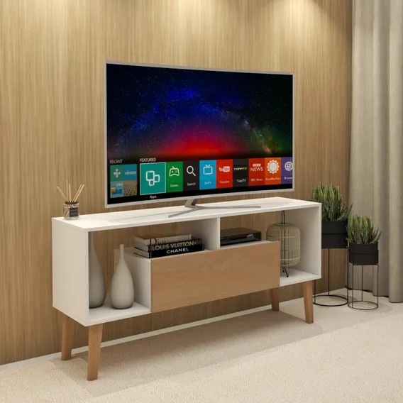 Rack Estante Tv Sala Madeira Com Pé Bancada Gaveta Branco Foto 1