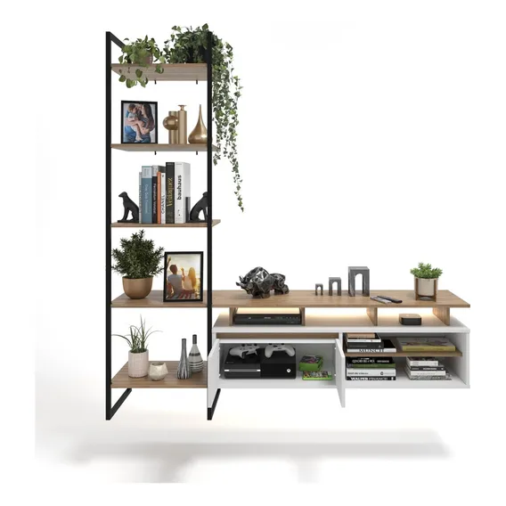 Rack Industrial Home Theater C/ Estante Ferro E Madeira Cor Lamina/Preto/Branco Foto 1