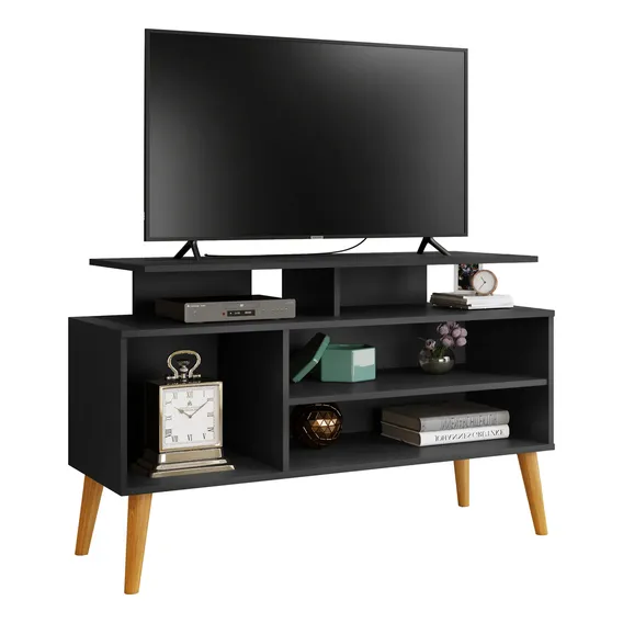 Rack Para Sala De Estar Rack Para Tv C/ Prateleira Flex Cor Preto Foto 1
