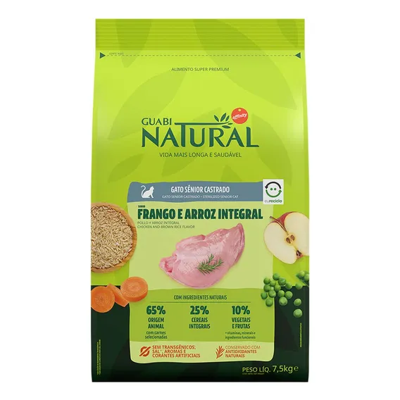 Ração Guabi Natural Gato Sênior Castrado Frango E Arroz 7,5kg Foto 1