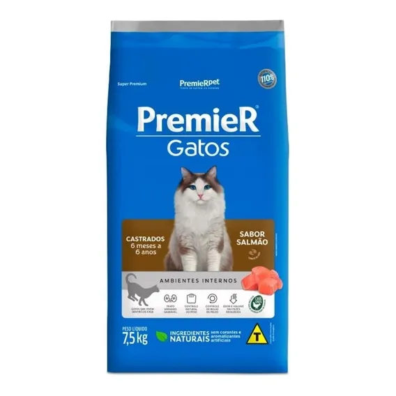 Ração P/ Gatos Adultos Cast. Amb. Int. Salmão 7,5kg Premier Foto 1