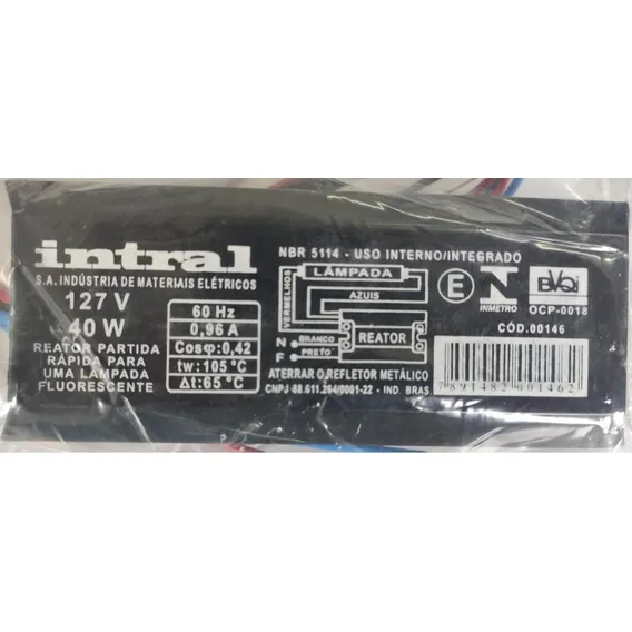Reator Magnético Uma Lâmpada Fluorescente 40w 127v Intral Foto 1