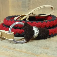 Rédea Lã Trançada Argola Inox Biqueira Couro Cru Para Cavalo Cor Vermelho Foto mini 3