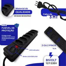 Régua Extensão Elétrica 6 Tomadas Filtro Linha Bivolt 10a Cabo 3 Metros Foto mini  2