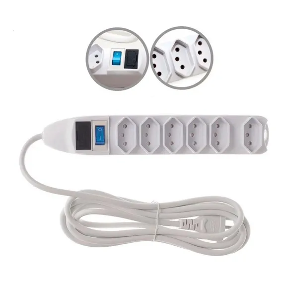 Régua Extensão 6 Tomadas Filtro Linha Fusível Branco Bivolt Foto 1