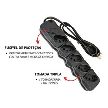 Régua Extensão Elétrica 5 Tomada Filtro Linha Bivolt Ilumi Cor Preto Foto mini 4