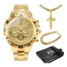 Relogio Banhado Ouro + Pulseira + Cordão Cruz + Caixa Foto mini 1