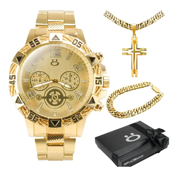 Relogio Banhado Ouro + Pulseira + Cordão Cruz + Caixa Foto 1