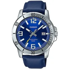 Relógio Casio Masculino Couro Azul Mtp-vd01l-2bvudf Bisel Prateado Foto  mini 1