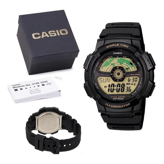Relógio Casio Masculino World Time Preto - Ae-1100w-1bvdf-sc Foto 1