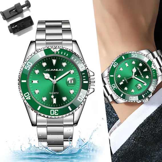 Relógio casual masculino, relógio masculino, calendário, pulseira, cor prata Foto 1