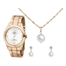 Rel贸gio Champion Feminino Com Colar + Brincos Ros锚 Gold Foto mini 1