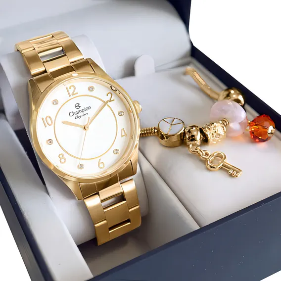 Rel贸gio Champion Feminino Dourado Cn26000s + Kit Berloques Cor Do Fundo Branco3 Foto 1