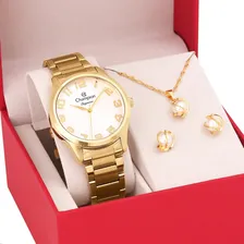 Rel贸gio Champion Feminino Dourado Kit Colar Brincos Original Foto mini 1