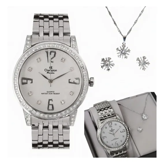 Rel贸gio Champion Feminino Prata Anal贸gico + Colar E Brincos Foto 1